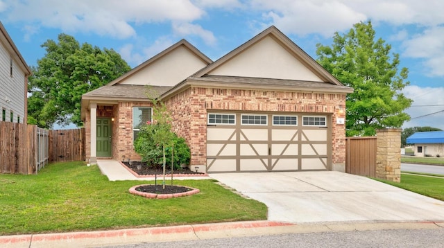 ranch-style house featuring a front lawn, fence, stucco siding, an attached garage, and driveway