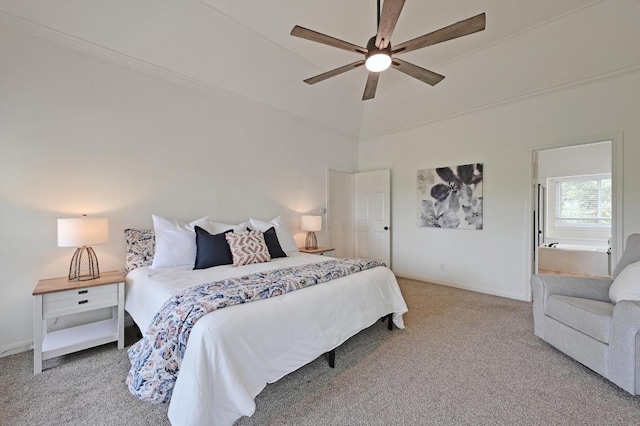 carpeted bedroom featuring a high ceiling, ceiling fan, and baseboards