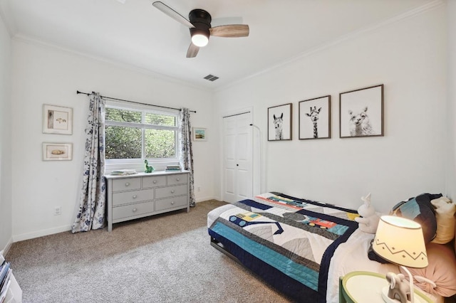 5908 Front Royal Dr, Austin, TX 78746 - carpeted bedroom featuring ornamental molding, ceiling fan, and a closet