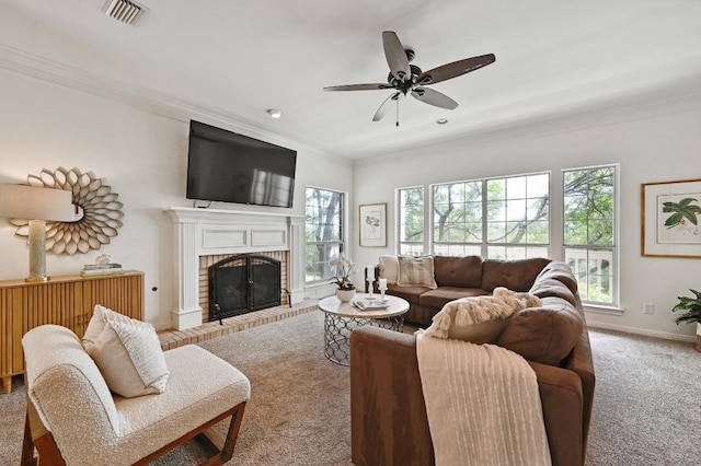 5908 Front Royal Dr, Austin, TX 78746 - living area with crown molding, carpet flooring, a brick fireplace, and ceiling fan