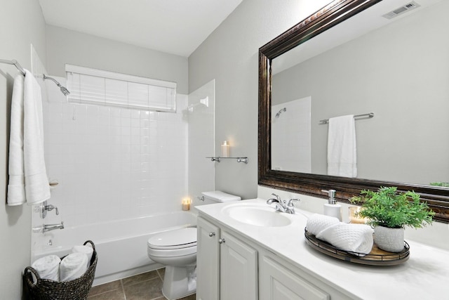 bathroom with shower / tub combination, tile patterned flooring, vanity, toilet, and visible vents