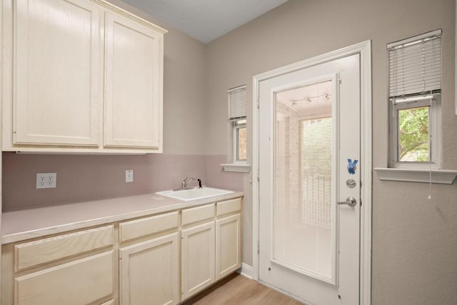 interior space featuring light wood-type flooring, a sink, and light countertops