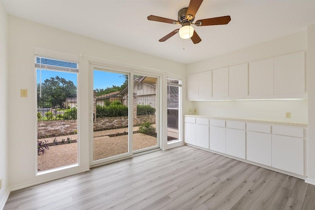 interior space featuring a ceiling fan and light wood-style flooring