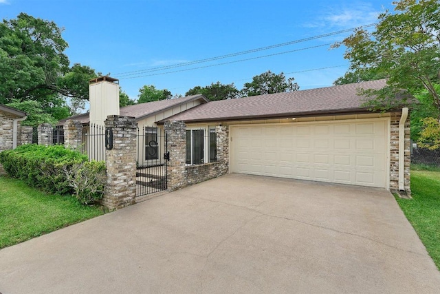 ranch-style house with fence, an attached garage, stone siding, a chimney, and concrete driveway