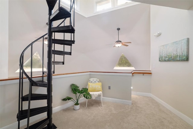 stairs featuring baseboards, a ceiling fan, and carpet flooring