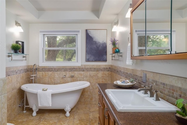 bathroom with vanity, a freestanding tub, tile walls, a raised ceiling, and a wainscoted wall