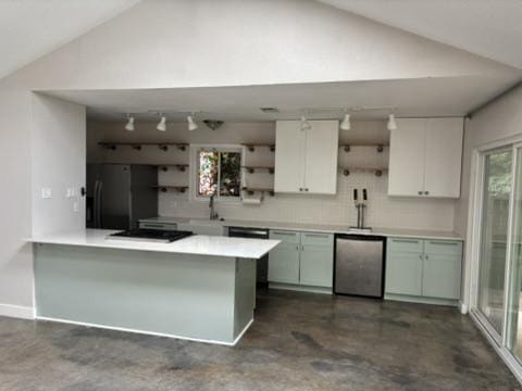 kitchen with open shelves, rail lighting, a peninsula, vaulted ceiling, and black appliances