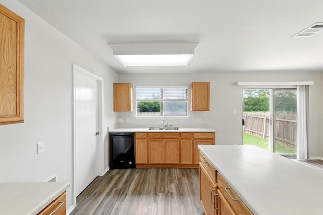 kitchen featuring black dishwasher, a wealth of natural light, a sink, and light wood-style flooring