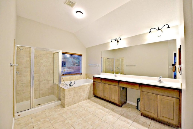 full bathroom featuring a sink, tile patterned floors, visible vents, a bath, and a stall shower