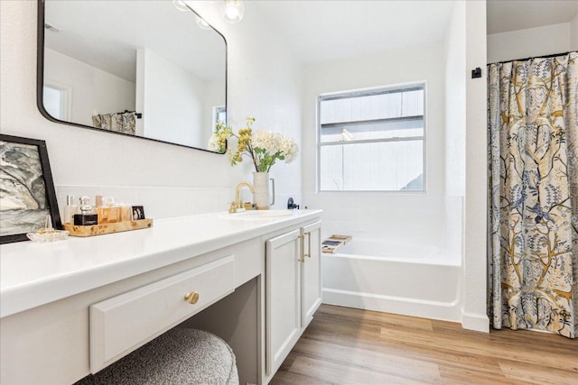 3405 Barksdale Dr, Austin, TX 78725 - bathroom with vanity, a bath, and wood finished floors