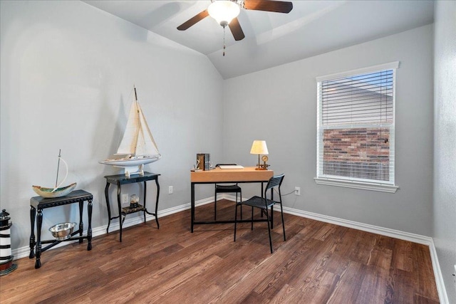 office space featuring baseboards, ceiling fan, wood finished floors, and lofted ceiling