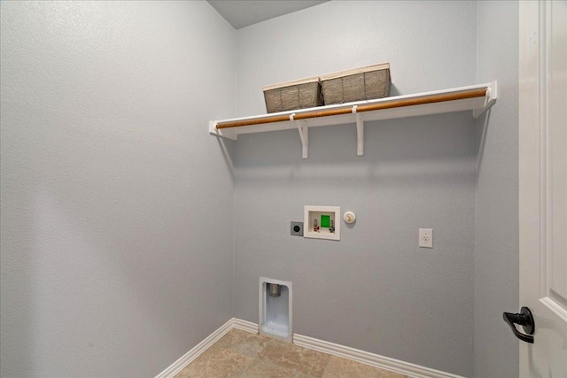 laundry room featuring hookup for an electric dryer, laundry area, hookup for a gas dryer, baseboards, and hookup for a washing machine