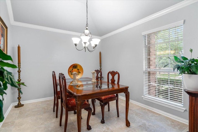 dining room with a wealth of natural light, ornamental molding, baseboards, and a chandelier