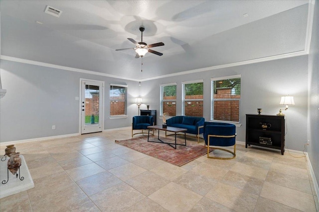 tiled living area with baseboards, ceiling fan, and visible vents