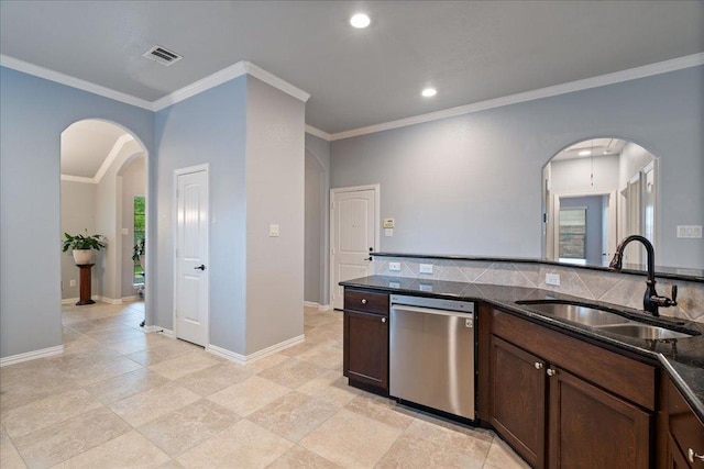 kitchen featuring stainless steel dishwasher, visible vents, crown molding, arched walkways, and a sink