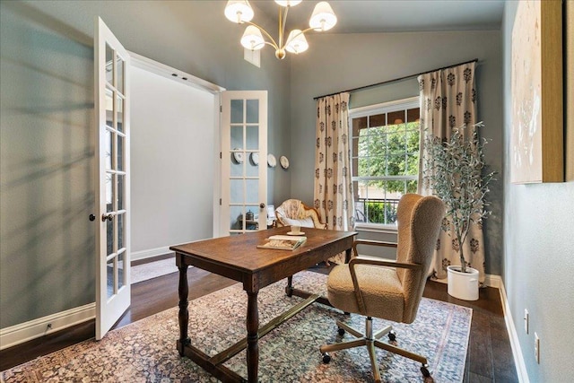 office area with french doors, baseboards, wood finished floors, and vaulted ceiling