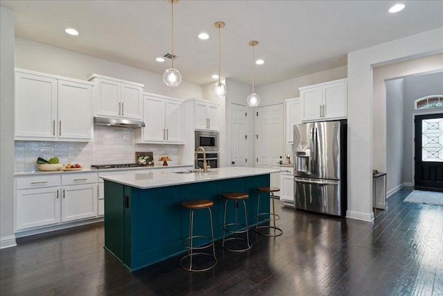 kitchen with a sink, appliances with stainless steel finishes, white cabinets, and under cabinet range hood