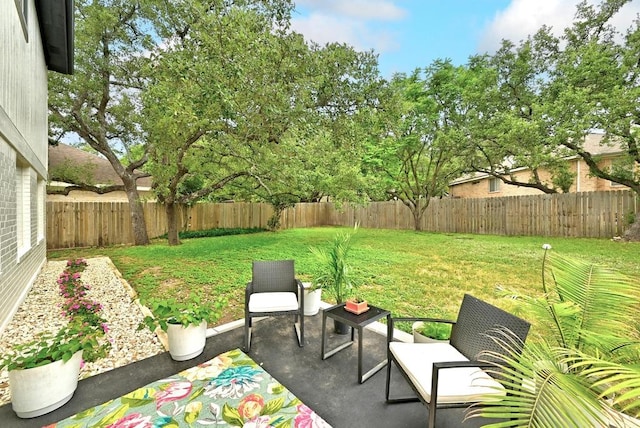 view of yard with a fenced backyard and a patio area