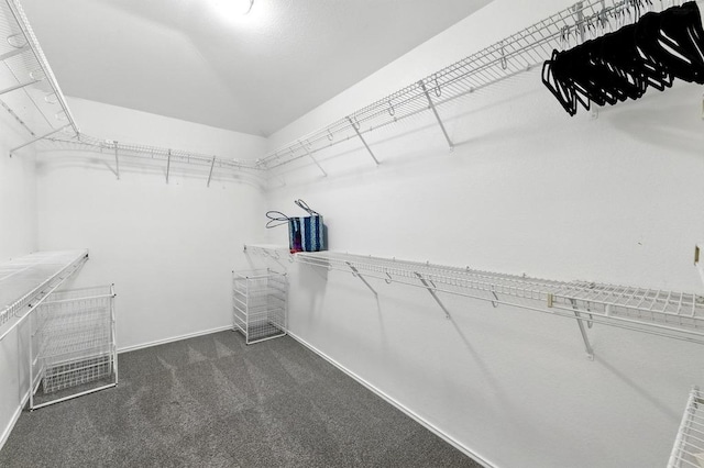 spacious closet with lofted ceiling and dark colored carpet