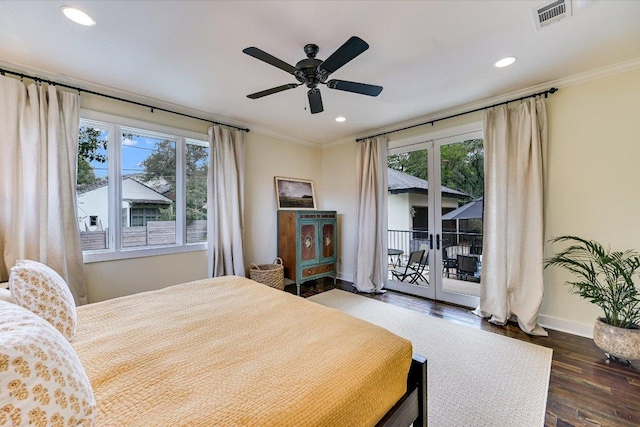 bedroom with visible vents, crown molding, wood finished floors, access to outside, and recessed lighting