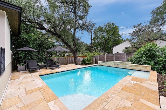 view of pool featuring a patio, a fenced backyard, and a fenced in pool