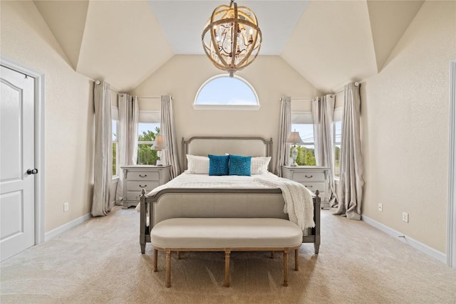 bedroom featuring baseboards, an inviting chandelier, light carpet, and vaulted ceiling