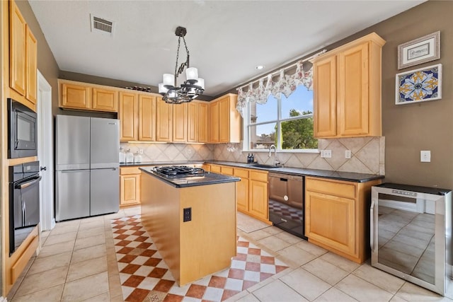 kitchen with visible vents, dark countertops, black appliances, wine cooler, and light brown cabinets