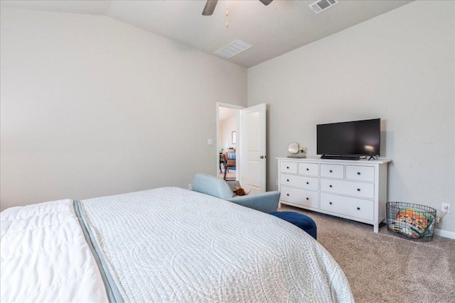 bedroom with visible vents, a ceiling fan, light colored carpet, and lofted ceiling