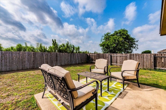 view of yard with a fenced backyard and a patio