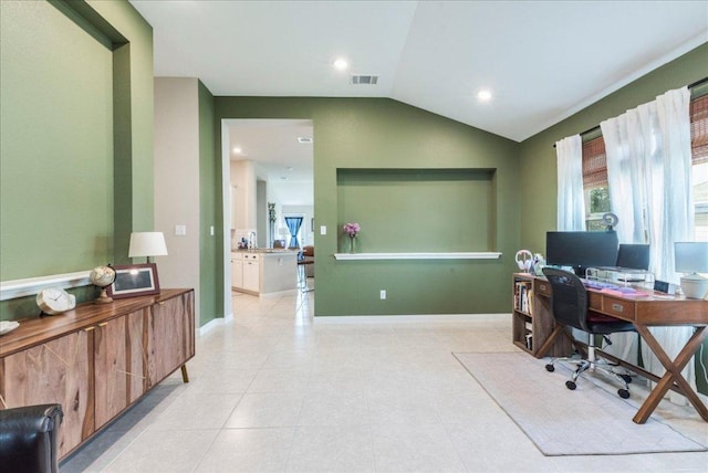 home office with recessed lighting, baseboards, visible vents, and lofted ceiling