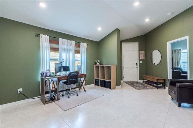 office space featuring plenty of natural light, recessed lighting, baseboards, and vaulted ceiling