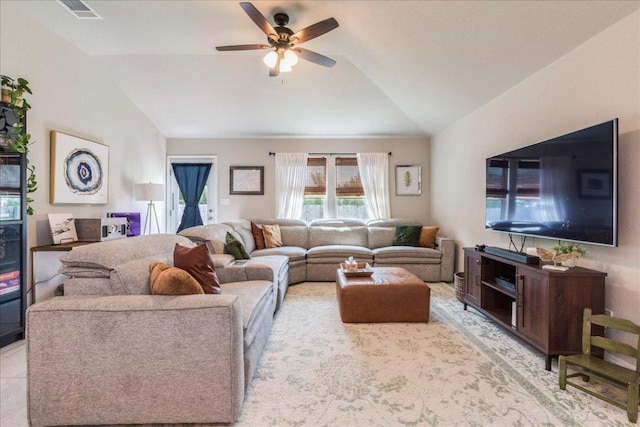 268 Forrest Moon Ln, Kyle, TX 78640 - living room featuring lofted ceiling and ceiling fan
