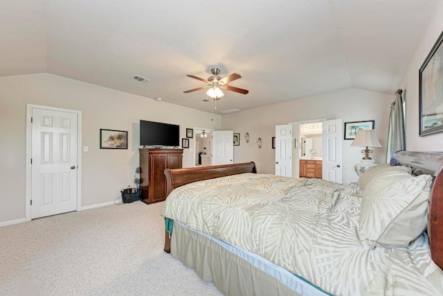 bedroom featuring visible vents, light carpet, baseboards, a ceiling fan, and vaulted ceiling