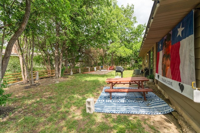 view of yard with a fenced backyard and central air condition unit