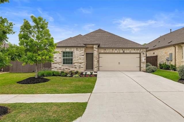 view of front of home with a garage, fence, concrete driveway, and brick siding