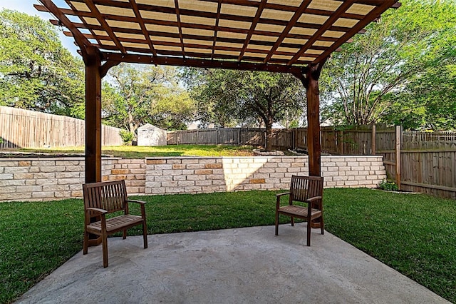 view of patio / terrace with a pergola, an outdoor structure, a fenced backyard, and a storage unit