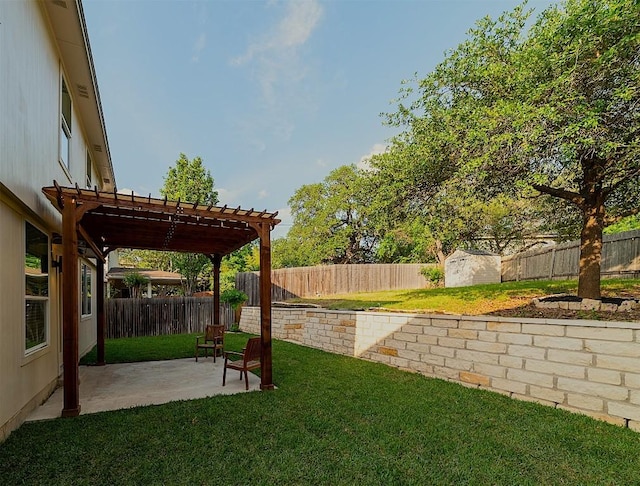 view of yard with an outdoor structure, a pergola, a patio, a fenced backyard, and a storage shed