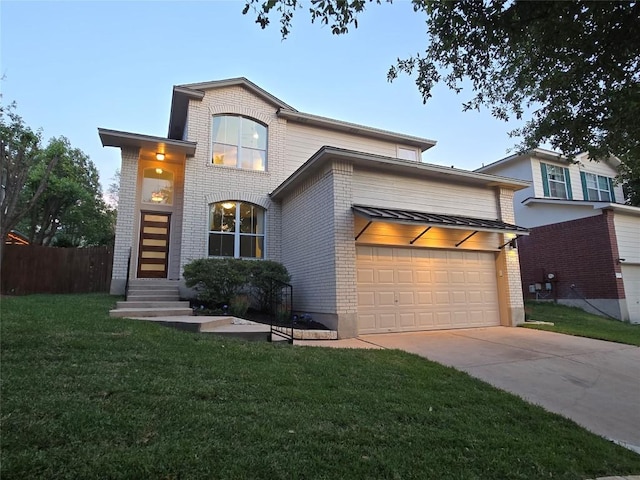 traditional-style home with a front yard, a garage, brick siding, fence, and concrete driveway