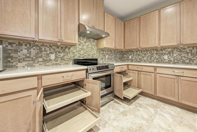2119 Howell Mountain Dr, Cedar Park, TX 78613 - kitchen with under cabinet range hood, electric stove, light brown cabinetry, and light countertops