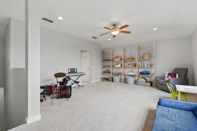 interior space featuring a ceiling fan, visible vents, baseboards, carpet, and recessed lighting