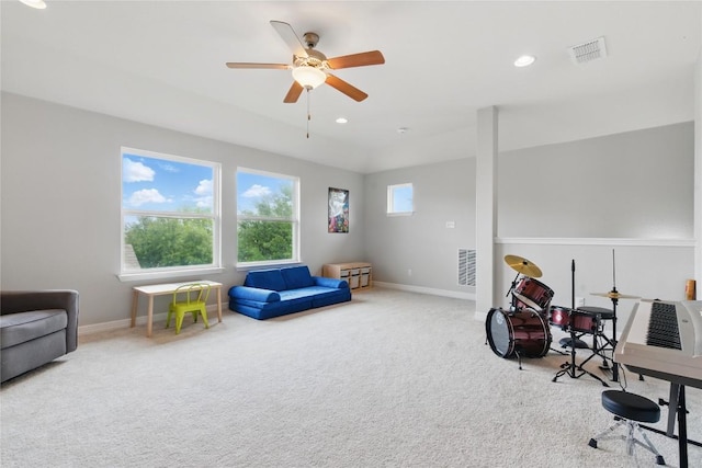 game room featuring visible vents, a ceiling fan, carpet, and recessed lighting