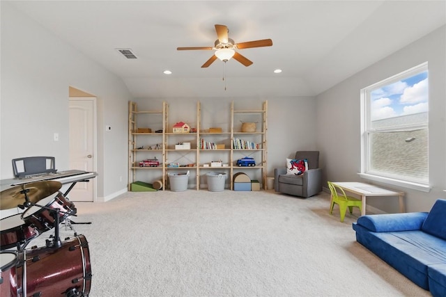 recreation room with carpet floors, a ceiling fan, visible vents, and recessed lighting
