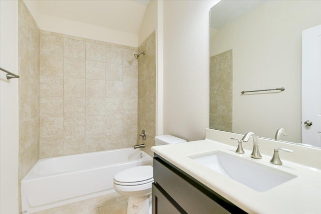 bathroom with tile patterned floors, shower / bathing tub combination, vanity, and toilet