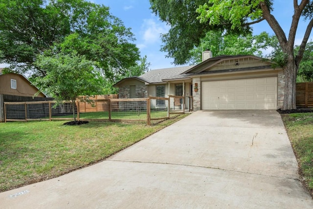 ranch-style home featuring fence, an attached garage, a front lawn, a chimney, and driveway