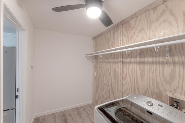 washroom with laundry area, ceiling fan, hookup for a washing machine, baseboards, and wood finished floors