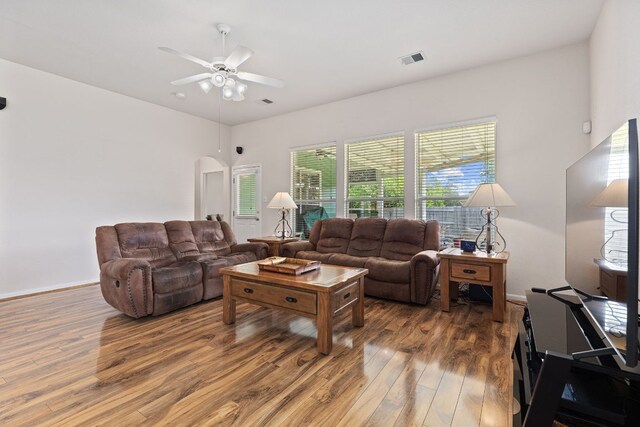 117 Summers Grn, Georgetown, TX 78633 - living area with wood finished floors, a ceiling fan, healthy amount of natural light, and arched walkways