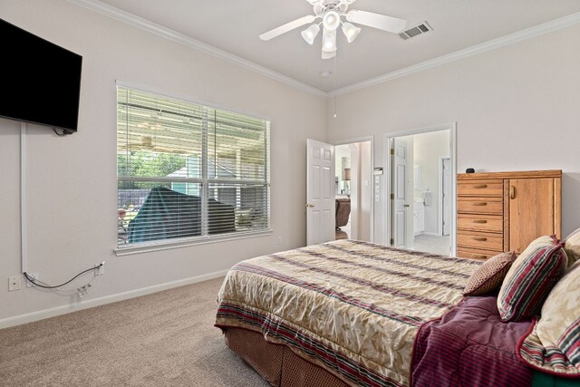 117 Summers Grn, Georgetown, TX 78633 - carpeted bedroom with ornamental molding, baseboards, ensuite bathroom, and ceiling fan