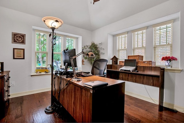 office space featuring dark wood-style flooring, baseboards, and lofted ceiling
