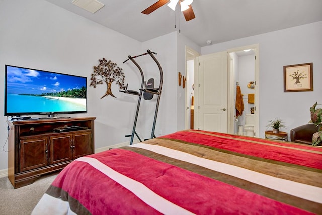 bedroom featuring visible vents, carpet flooring, baseboards, and a ceiling fan