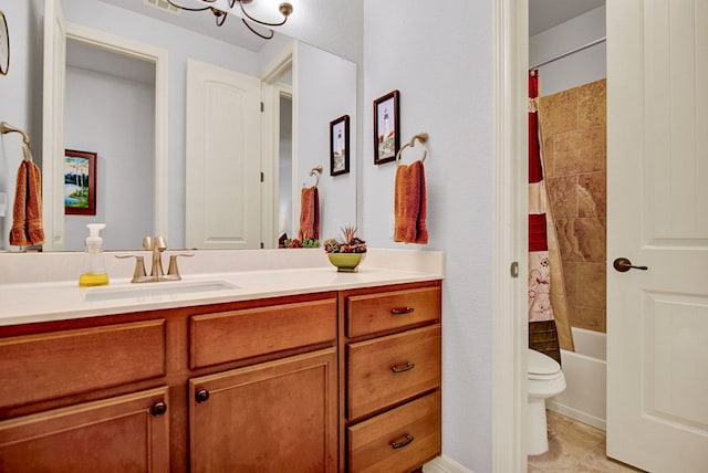 bathroom with visible vents, shower / bath combination with curtain, vanity, toilet, and an inviting chandelier